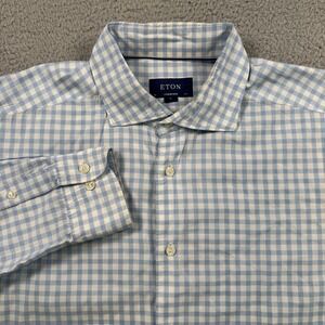 Eton Shirt Mens XL Blue Check‎ Long Sleeve Button Up Cotton Slim Fit Dress